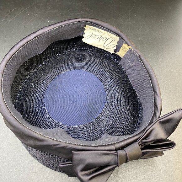 Vintage Darcel Pill Box Straw Hat Large Ribbon Trim Black Made in VTG USA - Picture 8 of 13
